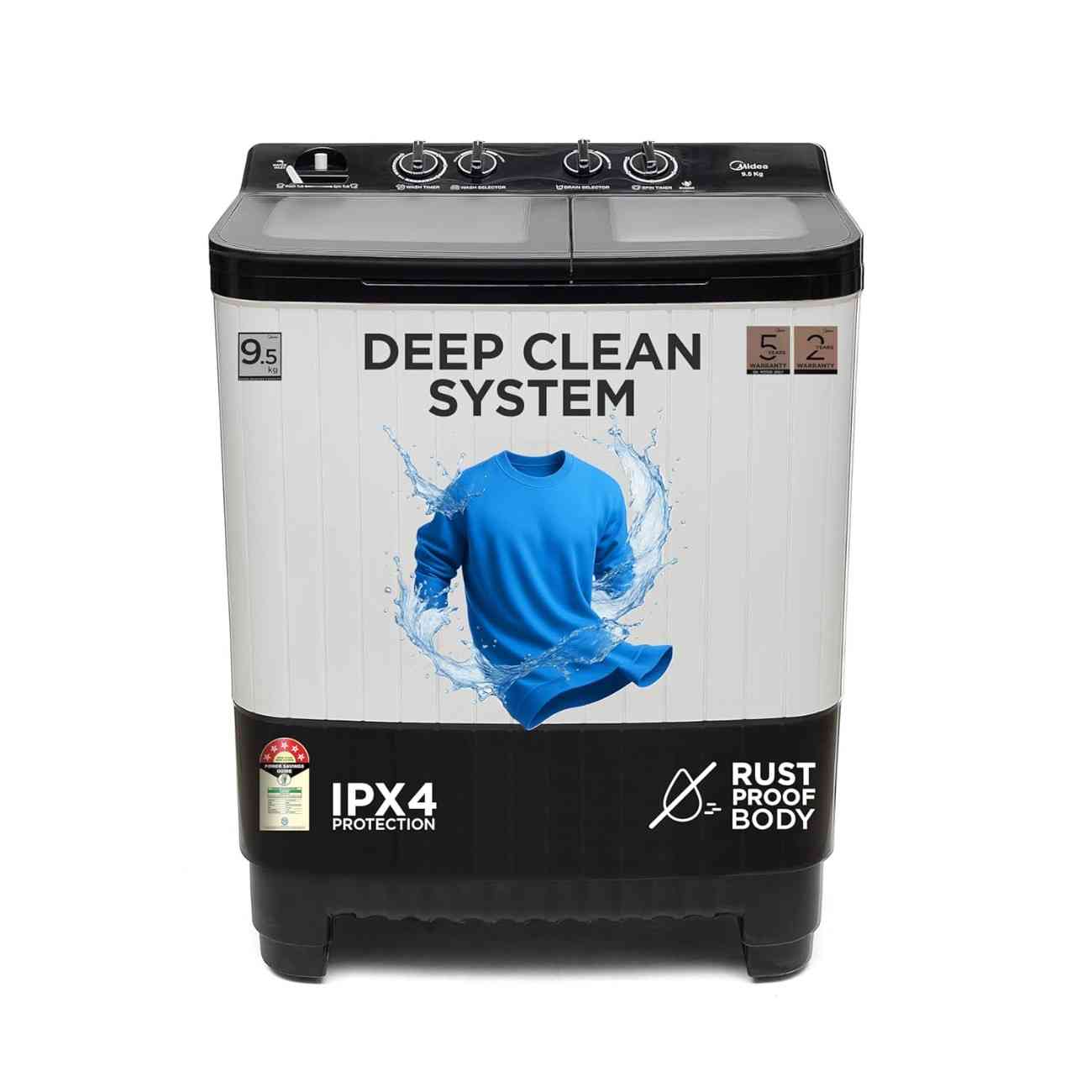 Midea 9.5 Kg 5 Star Semi Automatic Top Load Washing Machine with Toughened Glass & Rust-Proof Body (MWMSA095GPG(KW), Black & White)